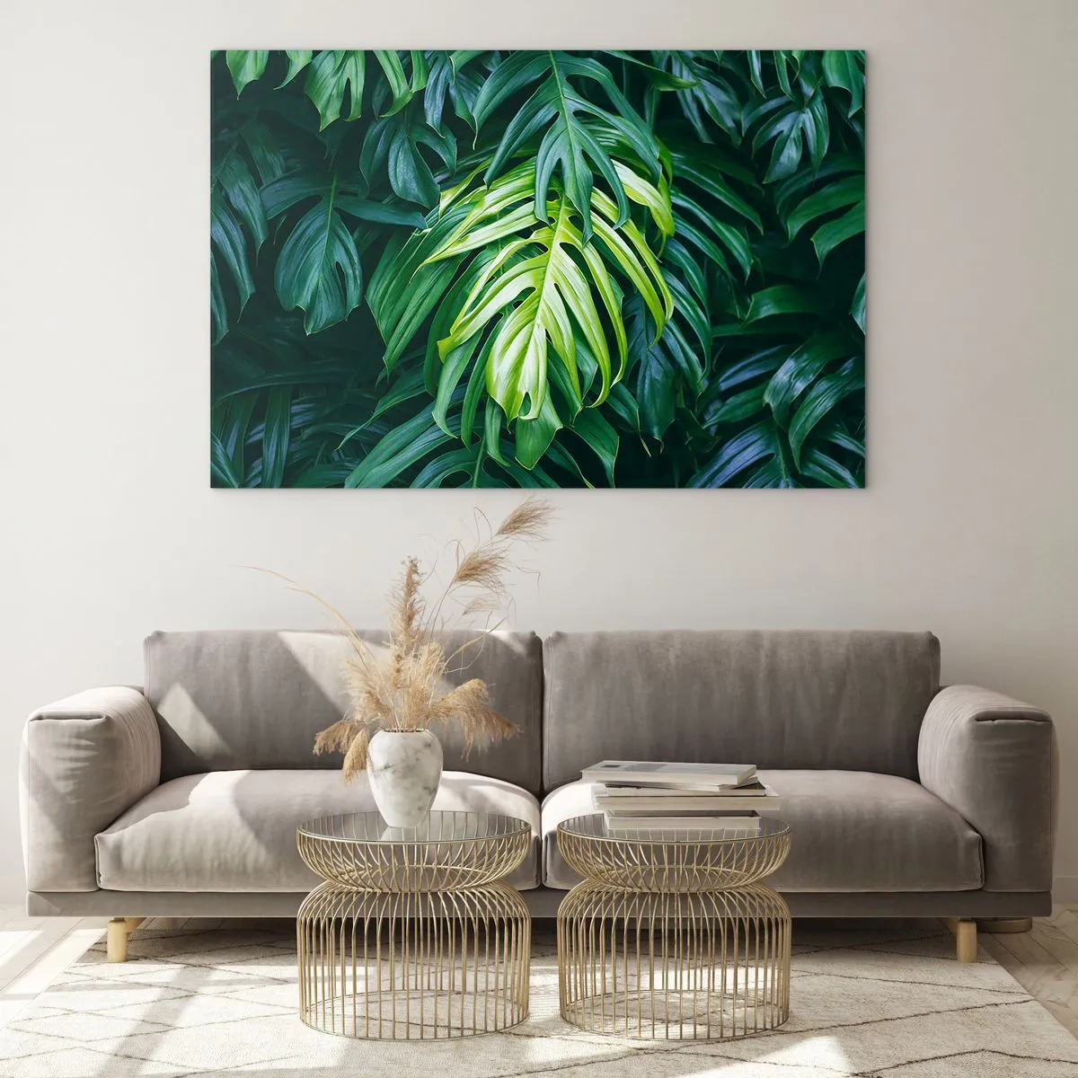 Glasbild - Bild auf glas - Üppig grüne Monstera-Blätter im natürlichen Licht - 100x70cm - Tauchen Sie ein in die Frische - Moderne Wanddekoration für Wohnzimmer und Schlafzimmer ARTTOR