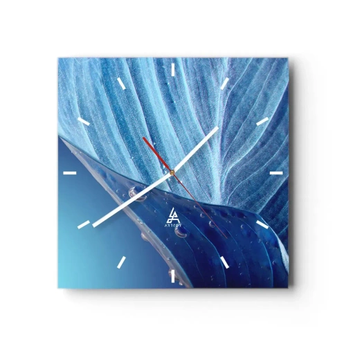 Wanduhr - Glasuhr - Ein blaues Blatt mit sichtbaren Wassertropfen - 30x30cm - Versteckte Tropfen vom Blau - Moderne Wanddekoration für Wohnzimmer und Schlafzimmer ARTTOR
