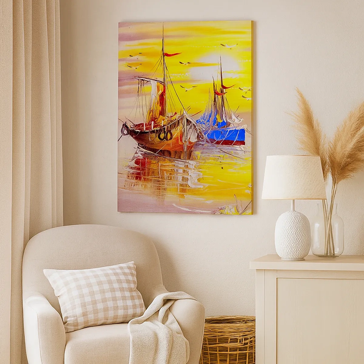 Bild auf Leinwand - Leinwandbild - Eine malerische Szene von Booten auf ruhiger See - 50x70cm - Eine wohlverdiente Pause im Hafen - Moderne Wanddekoration für Wohnzimmer und Schlafzimmer ARTTOR