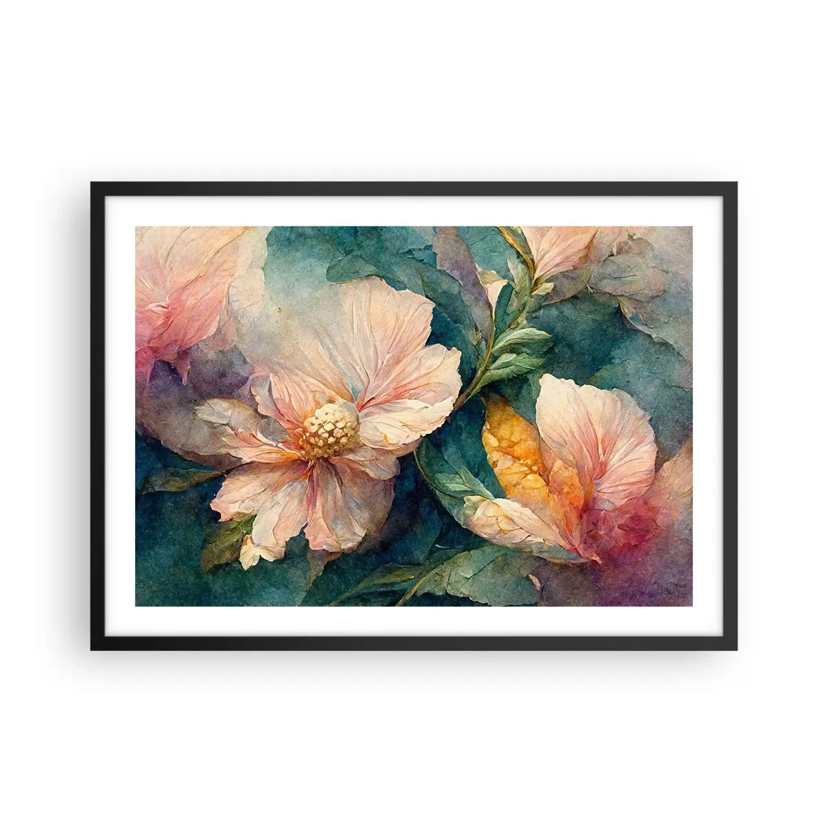 Poster in einem schwarzem Rahmen - Zarte Blüten in Pastellfarben - 70x50cm - Pure Subtilität - Moderne Wanddekoration für Wohnzimmer und Schlafzimmer ARTTOR