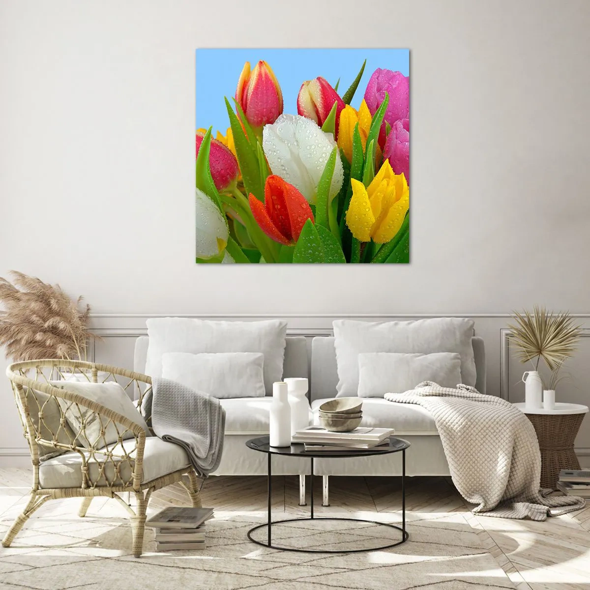Glasbild - Bild auf glas - Ein blumiger Regenbogen in Tautropfen - 60x60 cm