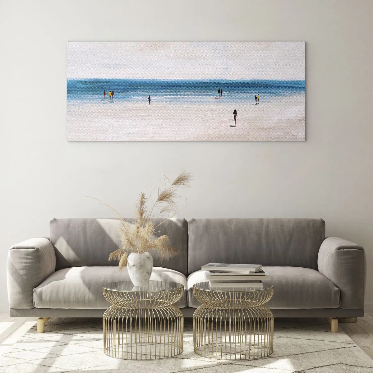 Glasbild - Bild auf glas - Ein Strand mit Menschen vor der Kulisse eines ruhigen Meeres - 120x50cm - Natürliches Bedürfnis - Moderne Wanddekoration für Wohnzimmer und Schlafzimmer ARTTOR