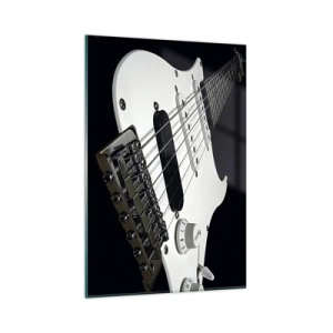 Glasbild - Bild auf glas - Nahaufnahme einer weißen E-Gitarre auf schwarzem Hintergrund. - 80x120cm - In Weiß versteckter Ton - Moderne Wanddekoration für Wohnzimmer und Schlafzimmer ARTTOR