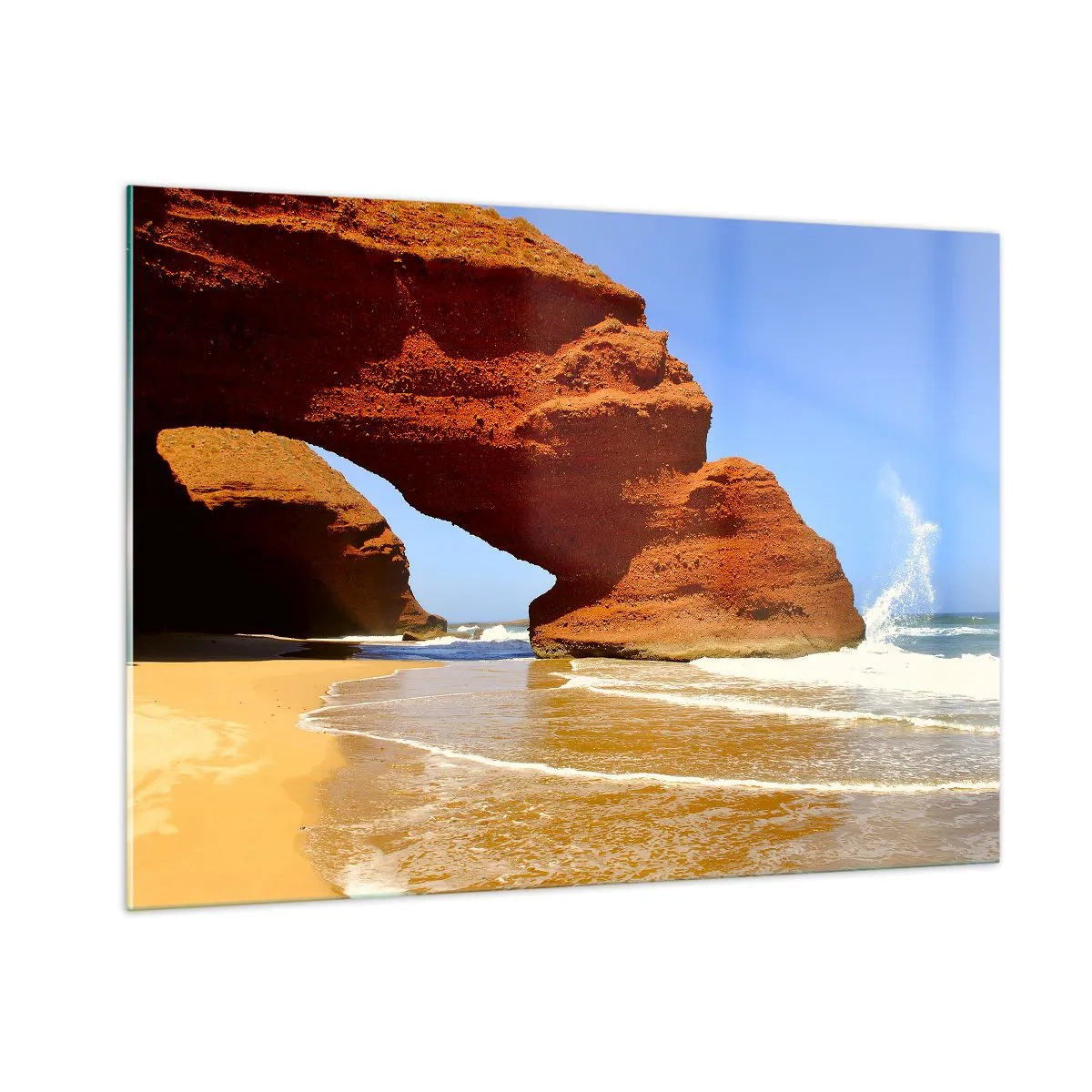 Glasbild - Bild auf glas - Rote Felsbögen über dem Strand und dem Meer - 100x70cm - Wasser und Wind seit Tausenden von Jahren - Moderne Wanddekoration für Wohnzimmer und Schlafzimmer ARTTOR