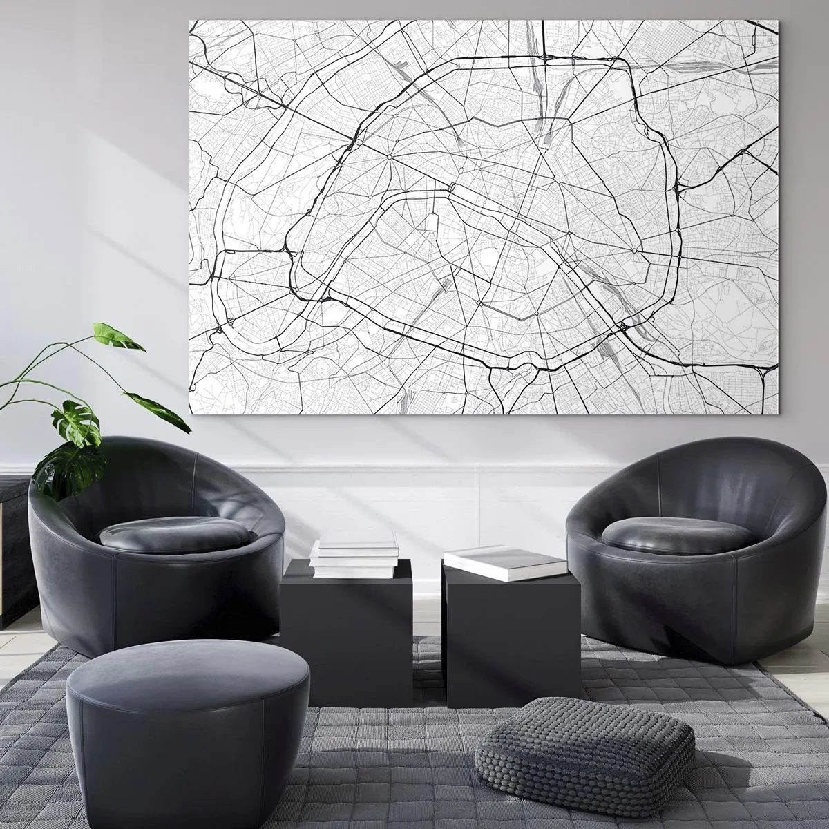 Glasbild - Bild auf glas - Schwarz-weißer Stadtplan mit Straßenraster und Ringstraßen - 70x50cm - Pariser Blume - Moderne Wanddekoration für Wohnzimmer und Schlafzimmer ARTTOR