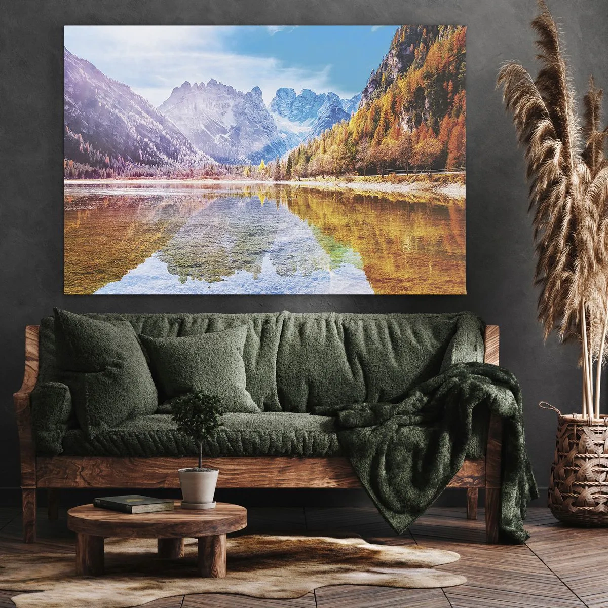 Bild auf Leinwand - Leinwandbild - Herbstliche Berglandschaft mit See - 70x50cm - Und in den Bergen ist es schon Herbst - Moderne Wanddekoration für Wohnzimmer und Schlafzimmer ARTTOR