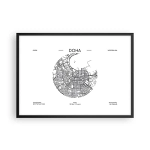 Poster in einem schwarzem Rahmen - Eine minimalistische Karte von Doha in Schwarzweiß mit präzisen Details. - 70x50cm - Anatomie von Doha - Moderne Wanddekoration für Wohnzimmer und Schlafzimmer ARTTOR