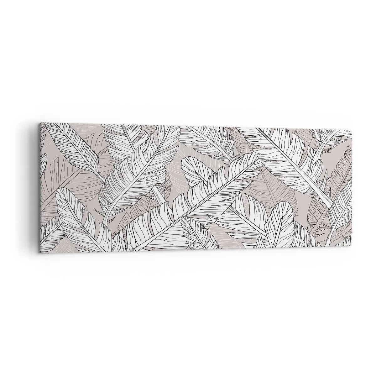 Bild auf Leinwand - Leinwandbild - Schwarz-weißes Muster mit Bananenblättern auf hellem Hintergrund - 140x50cm - Ein Federwirbel - Moderne Wanddekoration für Wohnzimmer und Schlafzimmer ARTTOR