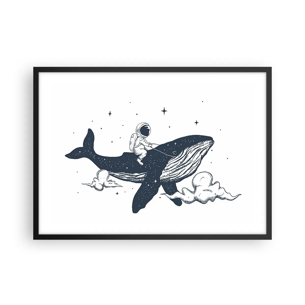 Poster in einem schwarzem Rahmen - Astronaut auf einem im Weltraum schwebenden Wal - 70x50cm - Weltraumabenteuer - Moderne Wanddekoration für Wohnzimmer und Schlafzimmer ARTTOR