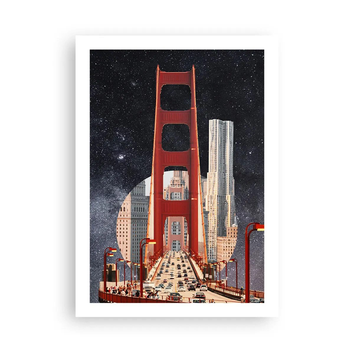 Poster - Eine Brücke und Wolkenkratzer vor dem Sternenhimmel - 50x70cm - Immer im Mittelpunkt - Moderne Wanddekoration für Wohnzimmer und Schlafzimmer ARTTOR