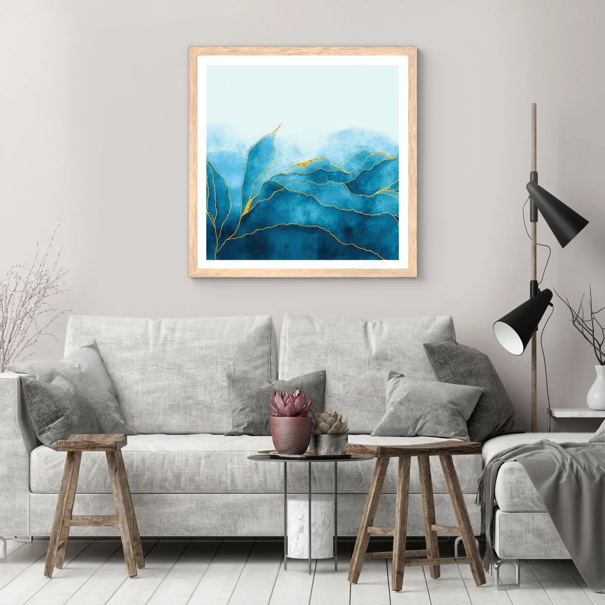 Poster in einem Rahmen aus heller Eiche - Blau im Gold - 60x60 cm