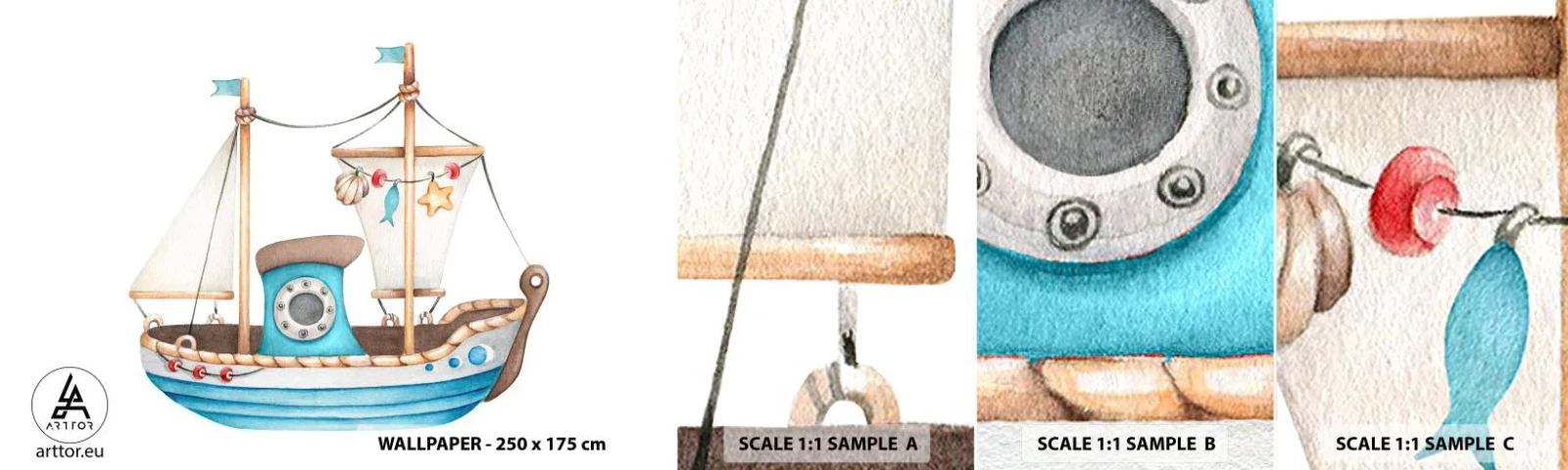 Fototapetenmuster Standard Eco - Ahoi, Abenteuer! - Schiff, Kinder, Nautisch - 100x30 cm