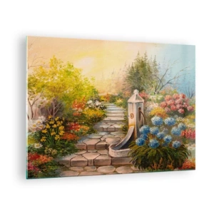 Glasbild - Bild auf glas - Ein Blumengarten mit einem Brunnen in voller Blüte - 70x50cm - In voller Blüte - Moderne Wanddekoration für Wohnzimmer und Schlafzimmer ARTTOR