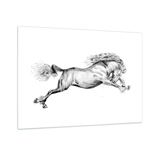 Glasbild - Bild auf glas - Schwarz-Weiß-Zeichnung eines galoppierenden Pferdes - 100x70cm - Im Galopp festgehalten - Moderne Wanddekoration für Wohnzimmer und Schlafzimmer ARTTOR