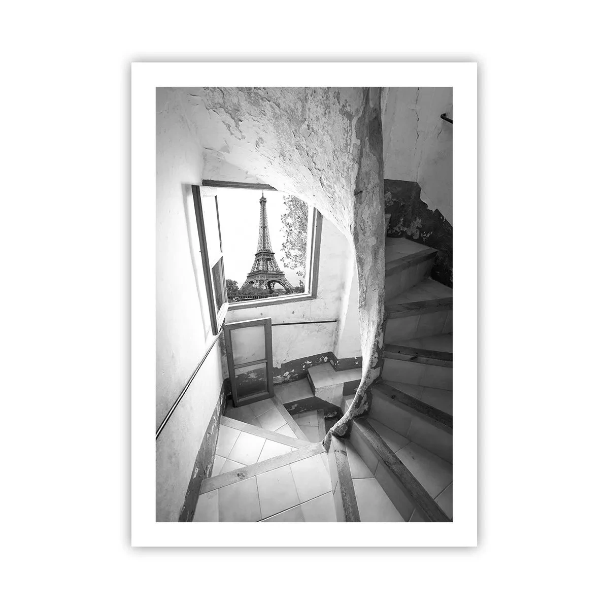 Poster - Blick auf den Eiffelturm durch ein Fenster in einem alten Gebäude - 50x70cm - Was für eine Aussicht! - Moderne Wanddekoration für Wohnzimmer und Schlafzimmer ARTTOR