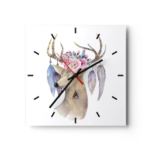 Wanduhr - Glasuhr - Romantische Hirschgrafik mit Blumen und Federn - 30x30cm - Seelenführer - sanft, unschuldig - Moderne Wanddekoration für Wohnzimmer und Schlafzimmer ARTTOR