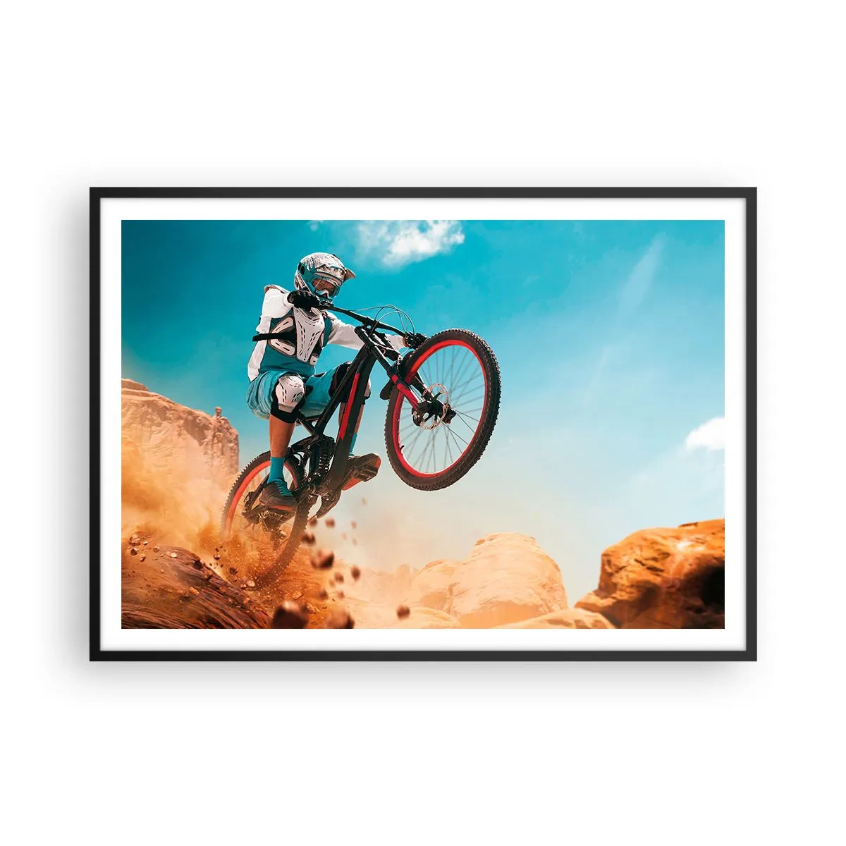 Poster in einem schwarzem Rahmen - Ein Mountainbiker macht einen Sprung vor einer Felskulisse - 100x70cm - Fahrrad-Wahnsinn-Dämon - Moderne Wanddekoration für Wohnzimmer und Schlafzimmer ARTTOR