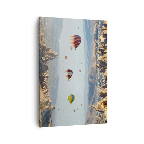Bild auf Leinwand - Leinwandbild - Bunte Ballons über einer felsigen Landschaft - 70x100cm - Hier ist alles möglich - Moderne Wanddekoration für Wohnzimmer und Schlafzimmer ARTTOR