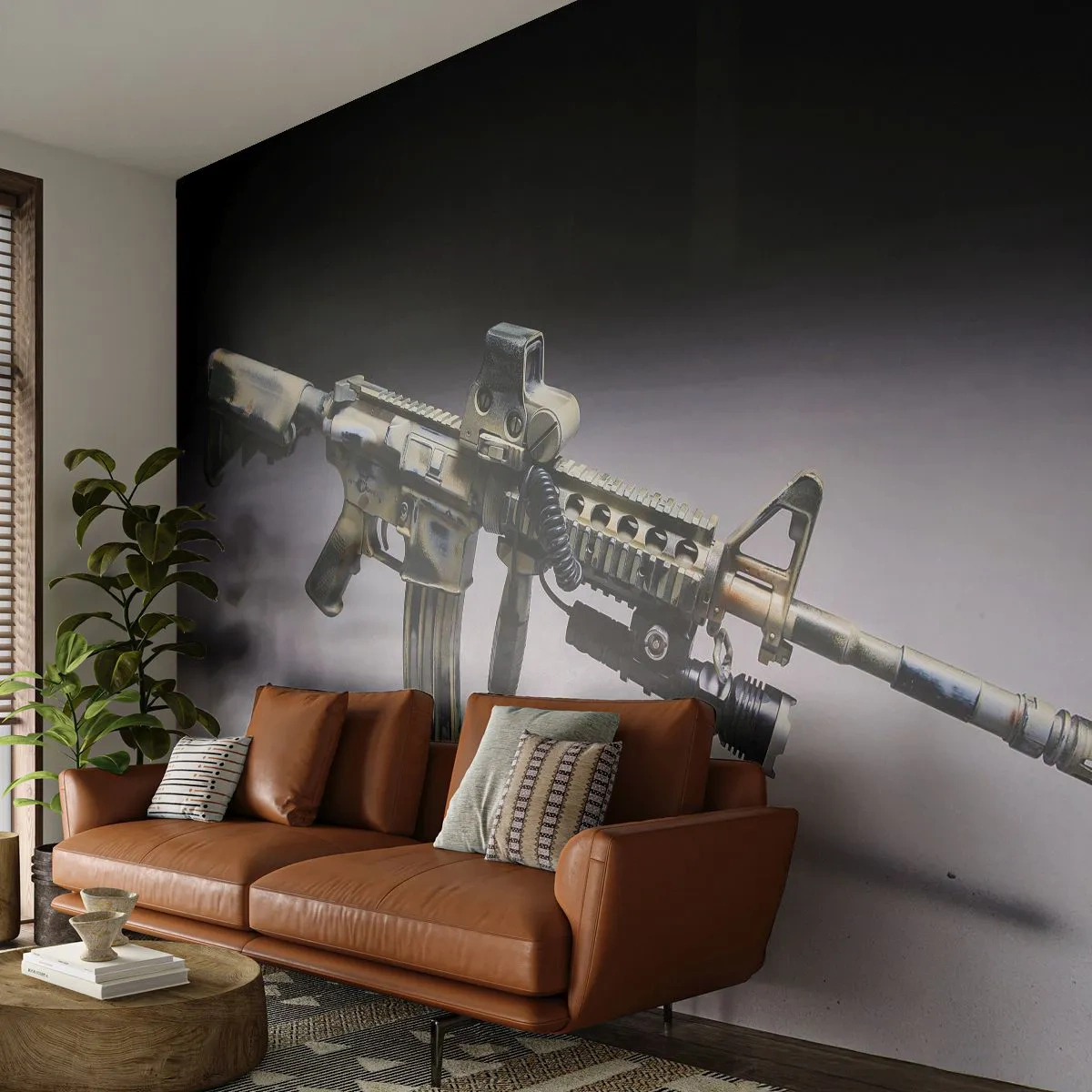 Fototapete Premium Sand - Immer bedrohlich - Militär, Gewehr, Waffe - 100x70 cm