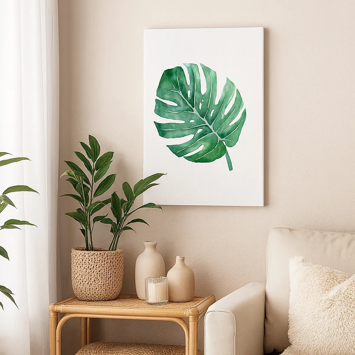 Bild auf Leinwand - Leinwandbild - Grünes Monsterablatt im minimalistischen Stil - 50x70cm - Grünes Konzept - Moderne Wanddekoration für Wohnzimmer und Schlafzimmer ARTTOR