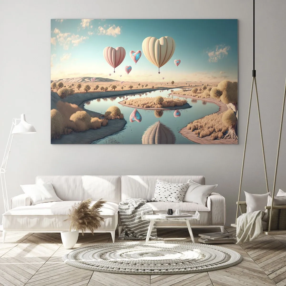 Glasbild - Bild auf glas - Herzförmige Ballons über einer Märchenlandschaft mit Fluss - 100x70cm - Dank Liebe steigt man auf - Moderne Wanddekoration für Wohnzimmer und Schlafzimmer ARTTOR