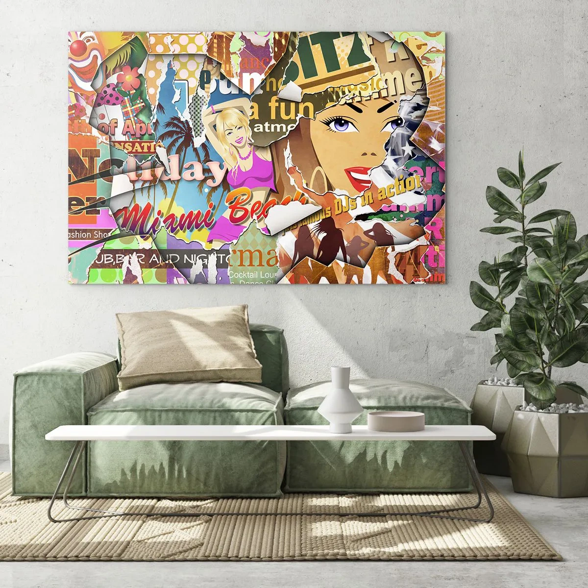 Glasbild - Bild auf glas - Bunte Retro-Collage mit Postern und Grafiken - 100x70cm - Sommer Rückblicke - Moderne Wanddekoration für Wohnzimmer und Schlafzimmer ARTTOR