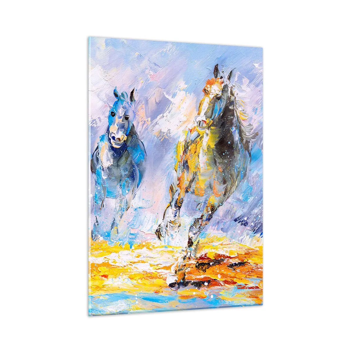 Glasbild - Bild auf glas - Zwei Pferde galoppieren im künstlerischen Stil durchs Wasser - 50x70cm - Galopp durch die Blendung - Moderne Wanddekoration für Wohnzimmer und Schlafzimmer ARTTOR