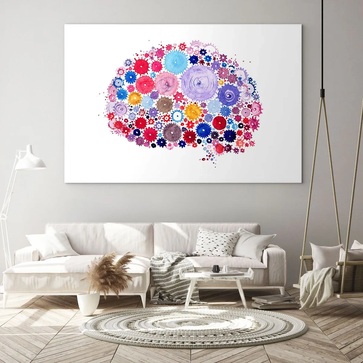 Glasbild - Bild auf glas - Eine farbenfrohe Illustration eines Gehirns, das aus geometrischen Formen besteht. - 70x50cm - Die perfekteste Maschine der Natur - Moderne Wanddekoration für Wohnzimmer und Schlafzimmer ARTTOR