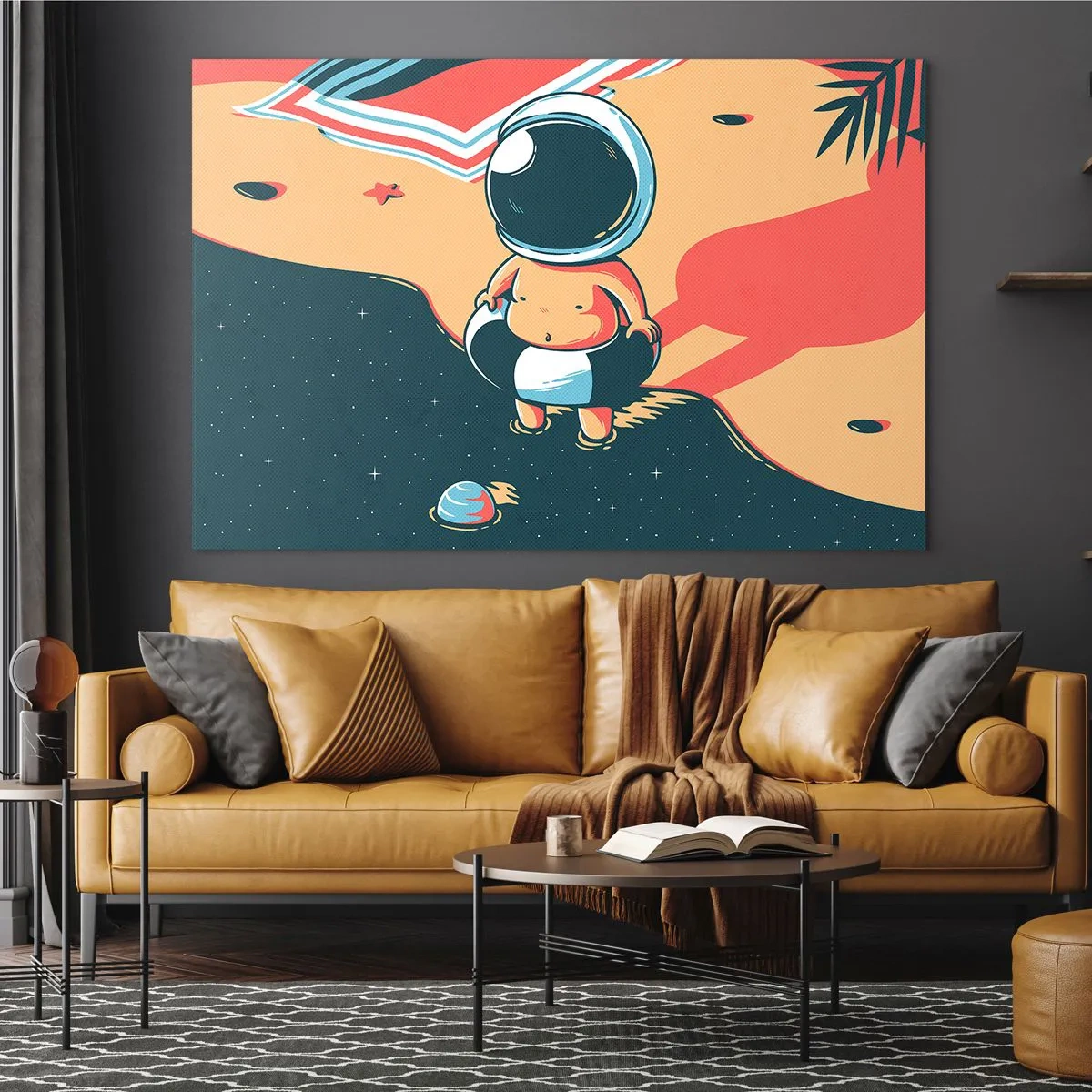 Glasbild - Bild auf glas - Astronautenfigur an einem Strand mit kosmischer Landschaft - 70x50cm - Aus einer anderen Perspektive - Moderne Wanddekoration für Wohnzimmer und Schlafzimmer ARTTOR