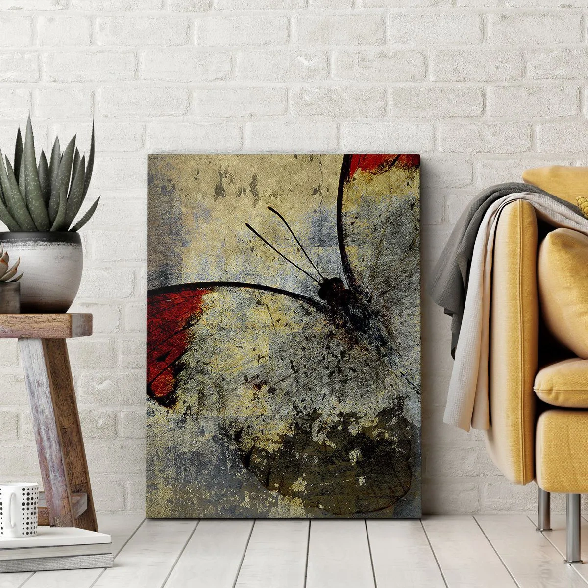 Bild auf Leinwand - Leinwandbild - Ein Schmetterling in Rot- und Grautönen auf strukturiertem Hintergrund - 70x100cm - Pass auf, bevor ich verschwinde - Moderne Wanddekoration für Wohnzimmer und Schlafzimmer ARTTOR