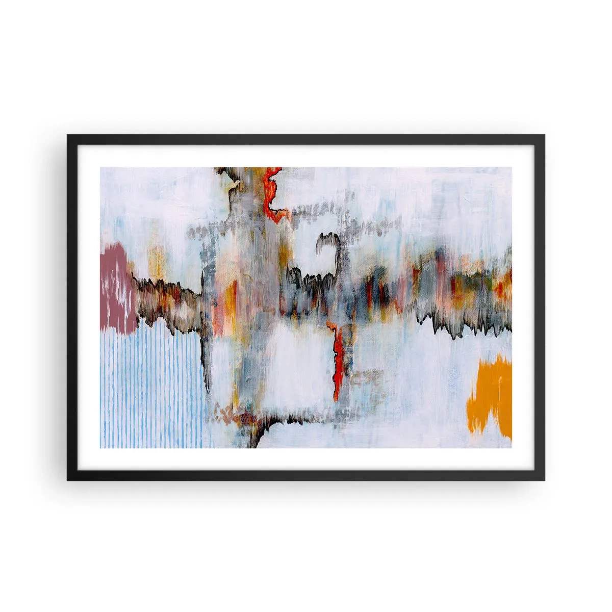 Poster in einem schwarzem Rahmen - Abstraktes Muster mit lebendigen Farben auf hellem Hintergrund - 70x50cm - Ein Stock auf dem Wasser - Moderne Wanddekoration für Wohnzimmer und Schlafzimmer ARTTOR