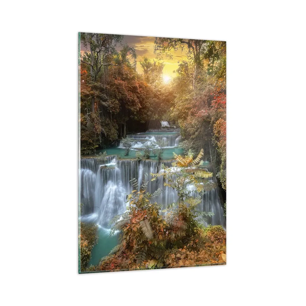 Glasbild - Bild auf glas - Herbstlicher Wasserfall, umgeben von bunten Bäumen im Sonnenlicht - 80x120cm - Versteckter Schatz des Waldes - Moderne Wanddekoration für Wohnzimmer und Schlafzimmer ARTTOR