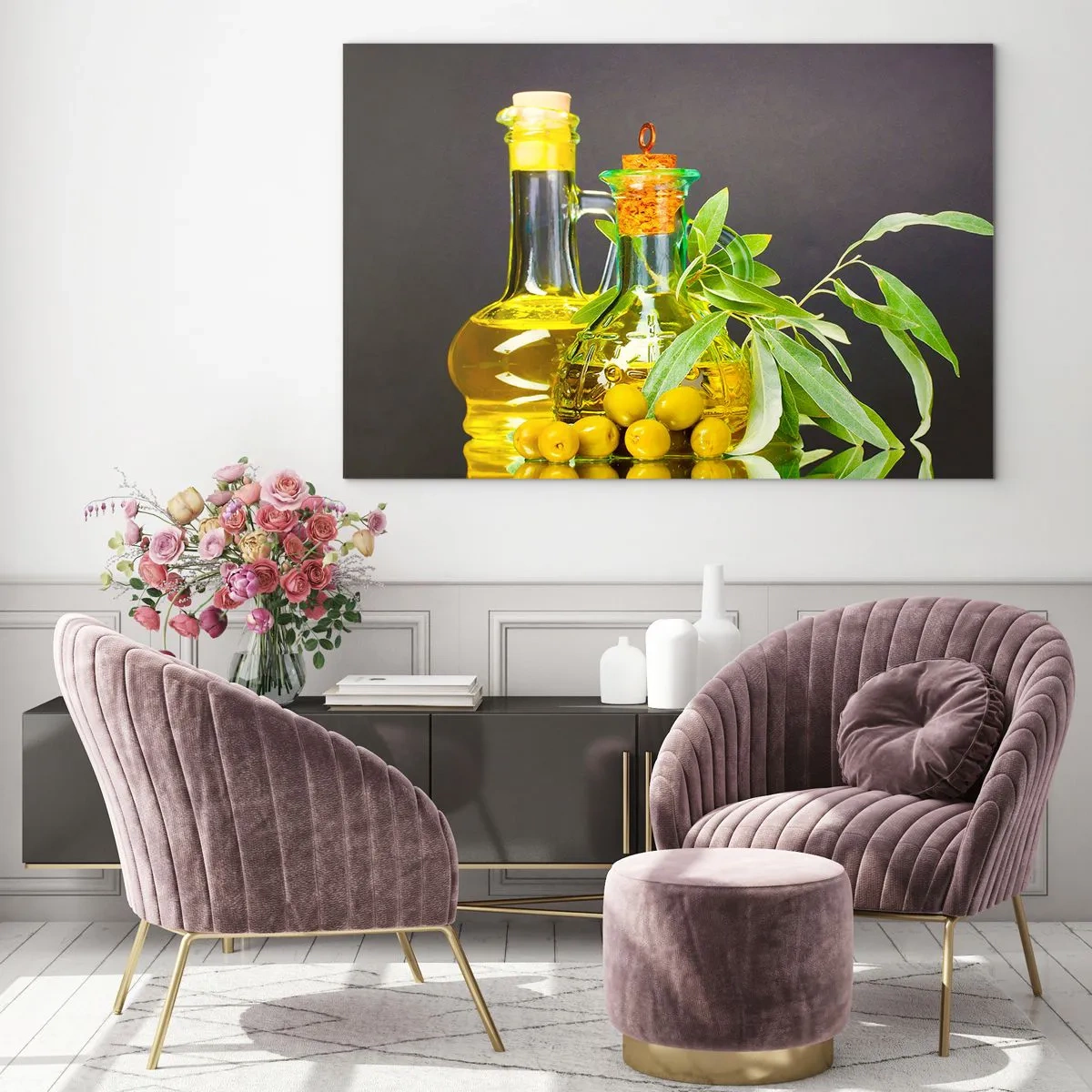 Glasbild - Bild auf glas - Flaschen mit Olivenöl und ein Zweig mit Oliven im Hintergrund - 120x80cm - Stillleben mit Oliven und Olivenöl - Moderne Wanddekoration für Wohnzimmer und Schlafzimmer ARTTOR