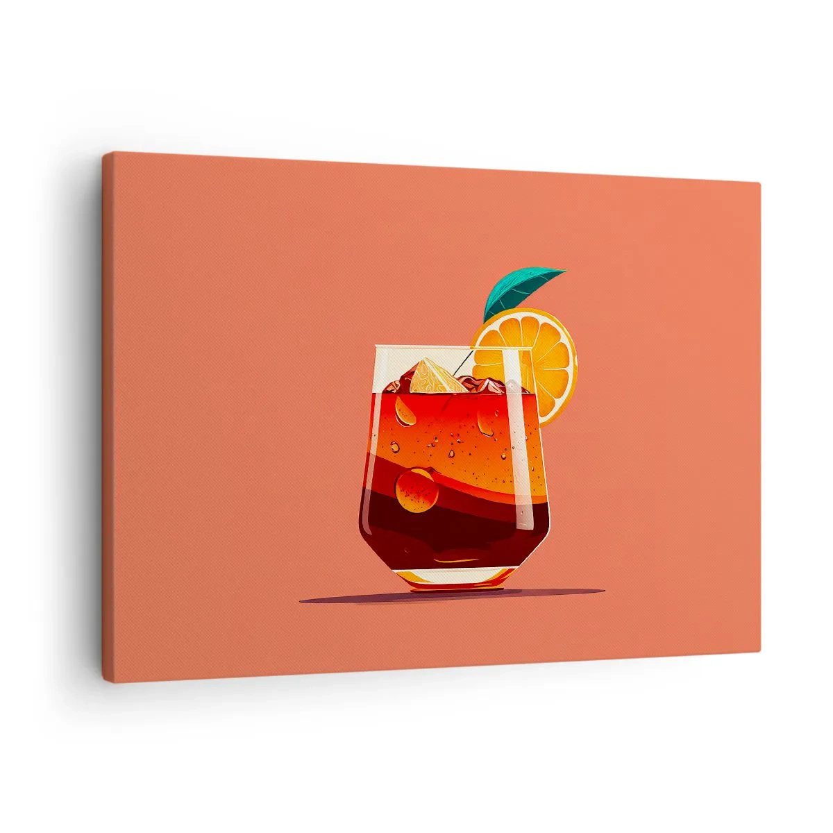Bild auf Leinwand - Leinwandbild - Ein Glas Getränk und eine Orangenscheibe auf orangefarbenem Hintergrund - 70x50cm - Sommerliche Erfrischung - Moderne Wanddekoration für Wohnzimmer und Schlafzimmer ARTTOR