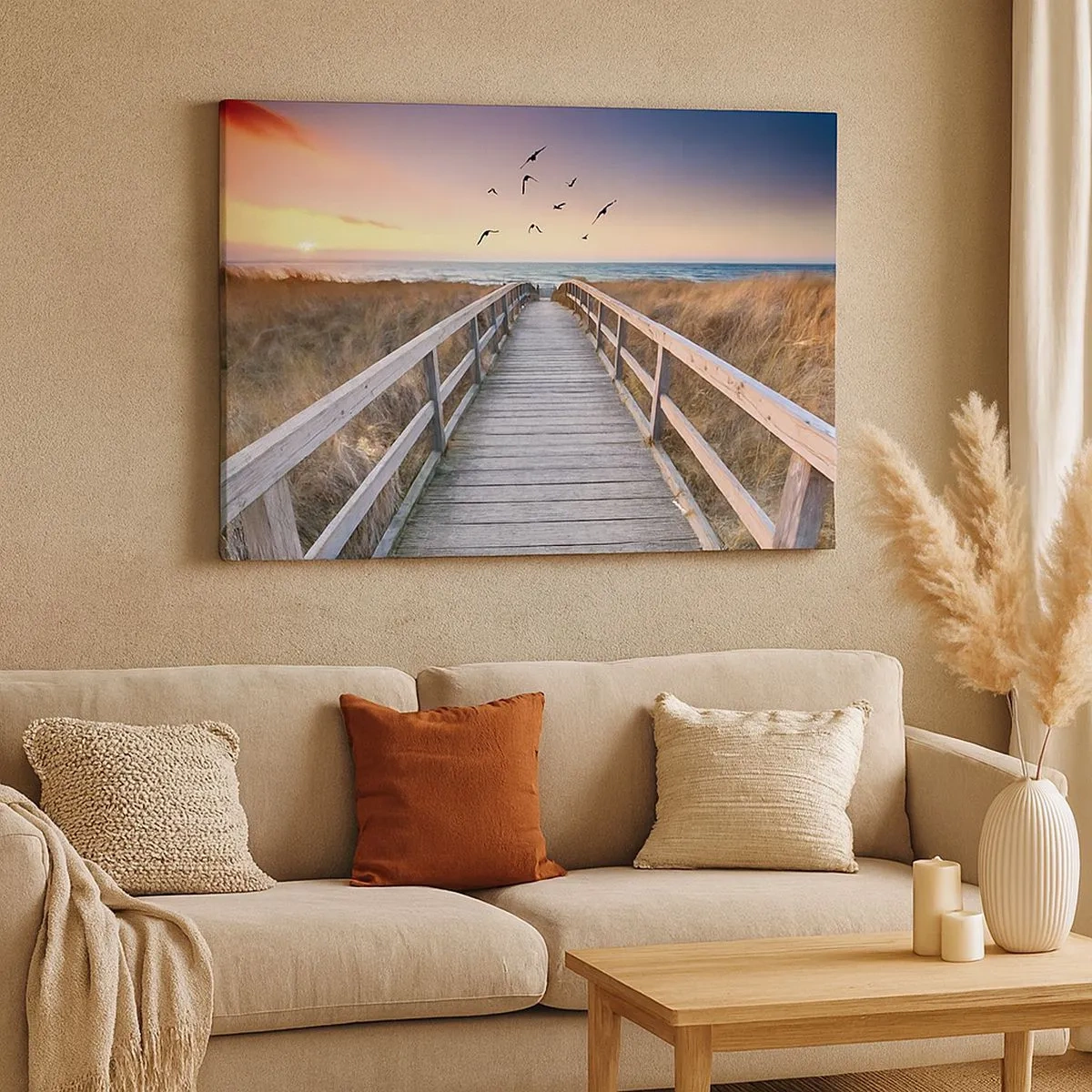 Bild auf Leinwand - Leinwandbild - Holzsteg zum Strand bei Sonnenuntergang - 70x50cm - Der Raum für Auffliegen - Moderne Wanddekoration für Wohnzimmer und Schlafzimmer ARTTOR