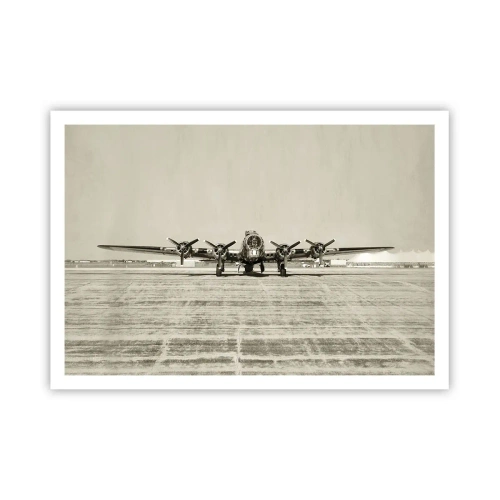 Poster - Historisches Flugzeug auf dem Flughafen in Sepia - 100x70cm - Wie immer bereit - Moderne Wanddekoration für Wohnzimmer und Schlafzimmer ARTTOR