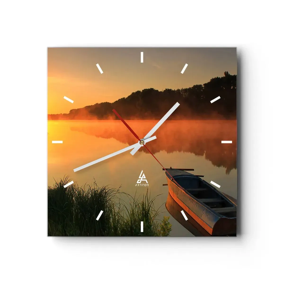 Wanduhr - Glasuhr - Sonnenaufgang über dem Wasser wie ein Spiegel - 40x40 cm