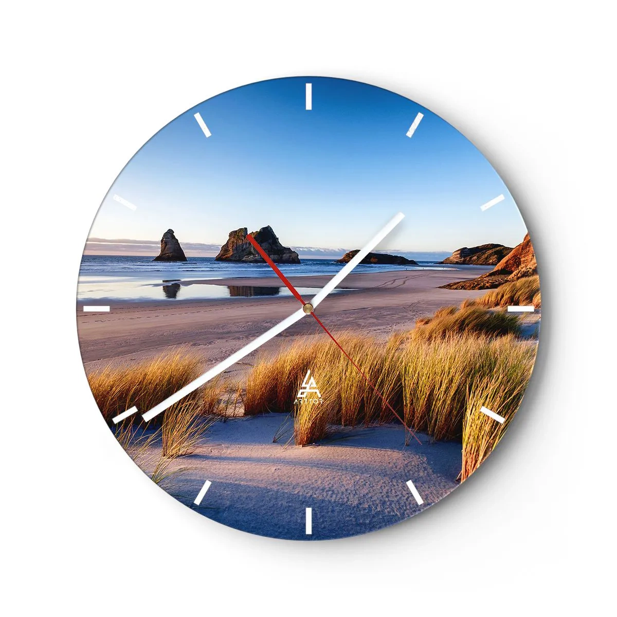 Wanduhr - Glasuhr - Sandstrand bei Sonnenuntergang mit Blick auf die Felsen - 30x30cm - Für Friedenssuchende - Moderne Wanddekoration für Wohnzimmer, Küche und Schlafzimmer ARTTOR