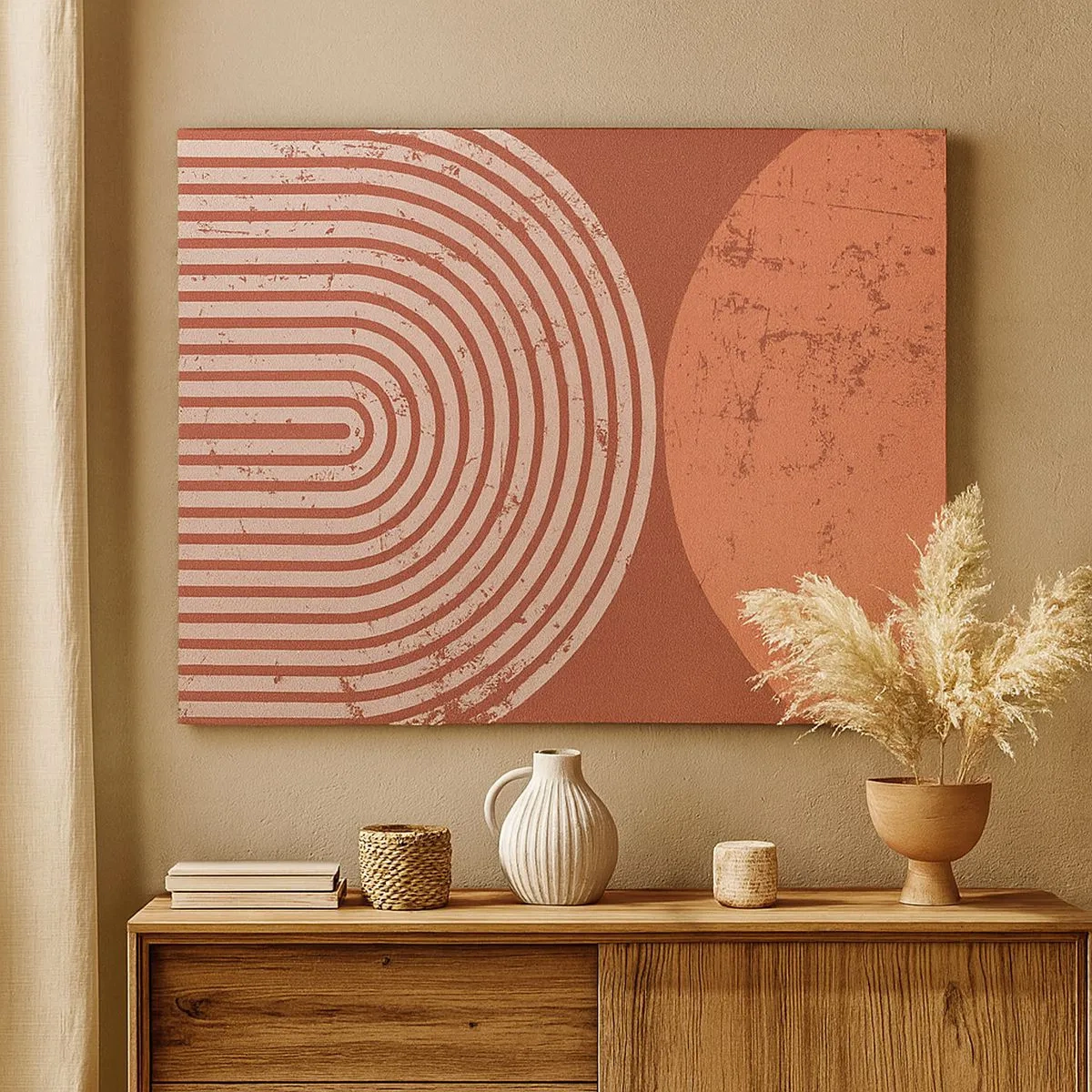 Bild auf Leinwand - Leinwandbild - Geometrische Muster in Terrakotta-Tönen auf Vintage-Hintergrund - 70x50cm - Enge Beziehung - Moderne Wanddekoration für Wohnzimmer und Schlafzimmer ARTTOR