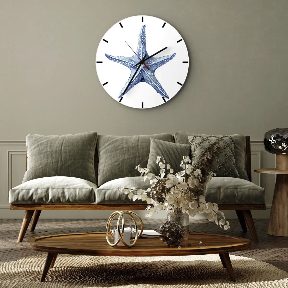 Wanduhr - Glasuhr - Blauer Seestern auf weißem Hintergrund im Aquarellstil - 30x30cm - Stern des Meeres - Moderne Wanddekoration für Wohnzimmer, Küche und Schlafzimmer ARTTOR