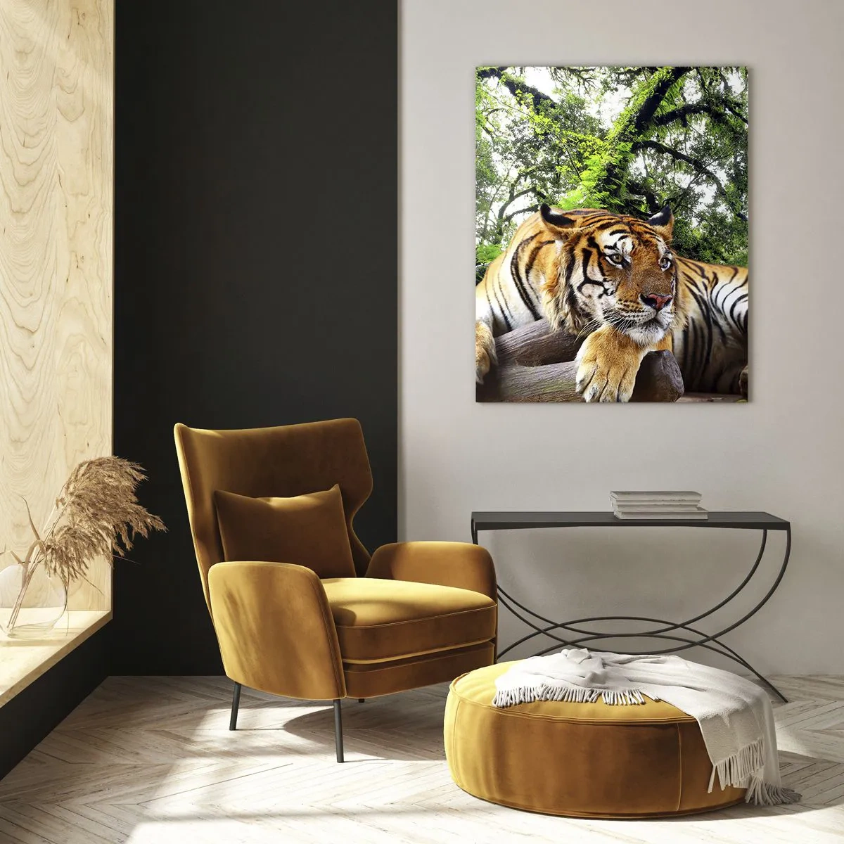 Glasbild - Bild auf glas - Ein Tiger ruht in einem tropischen Wald - 80x120cm - Hochachtungsvoll - Moderne Wanddekoration für Wohnzimmer und Schlafzimmer ARTTOR