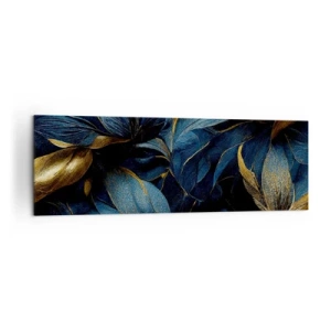 Bild auf Leinwand - Leinwandbild - Elegante Blätter in Gold- und Marineblautönen - 160x50cm - Mit Gold gefüttert - Moderne Wanddekoration für Wohnzimmer und Schlafzimmer ARTTOR