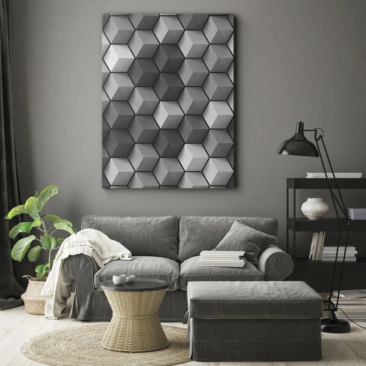 Bild auf Leinwand - Leinwandbild - Geometrische Komposition aus Würfeln in Grau- und Schwarztönen - 50x70cm - Kubistisches Puzzle - Moderne Wanddekoration für Wohnzimmer und Schlafzimmer ARTTOR