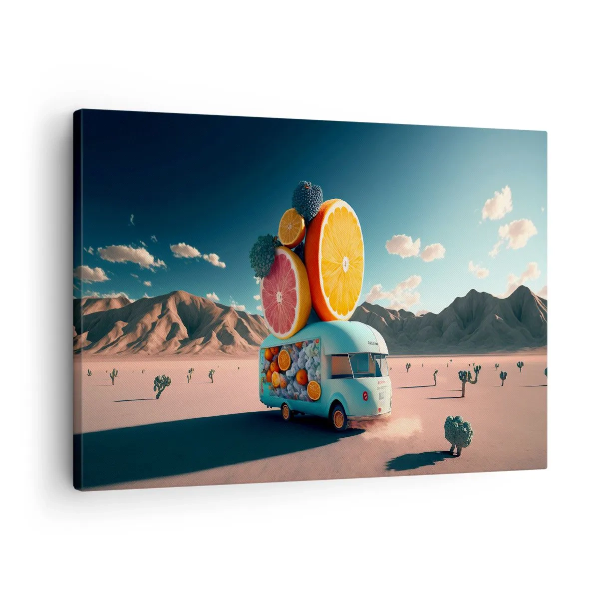 Bild auf Leinwand - Leinwandbild - Obstwagen in einer Wüstenlandschaft - 70x50cm - Geschmack von Urlaub - Moderne Wanddekoration für Wohnzimmer und Schlafzimmer ARTTOR