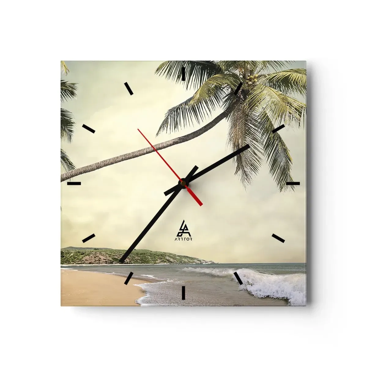 Wanduhr - Glasuhr - Ein Strand mit Palmen vor der Kulisse eines ruhigen Meeres - 30x30cm - Tropischer Traum - Moderne Wanddekoration für Wohnzimmer und Schlafzimmer ARTTOR