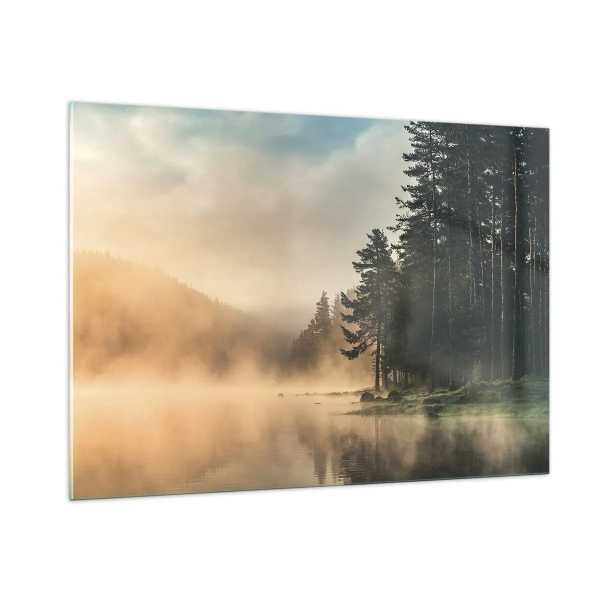 Glasbild - Bild auf glas - Ein nebliger Morgen über einem Waldsee - 100x70cm - Die Geburt des Tages - Moderne Wanddekoration für Wohnzimmer und Schlafzimmer ARTTOR