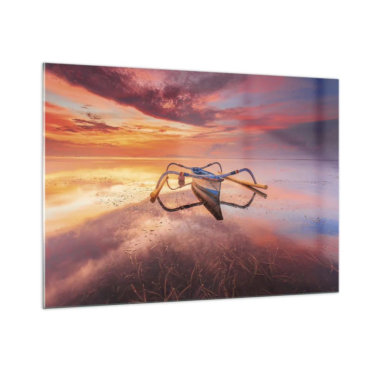 Glasbild - Bild auf glas - Traditionelles Boot auf ruhigem Wasser bei Sonnenuntergang - 100x70cm - Die Ruhe eines tropischen Abends - Moderne Wanddekoration für Wohnzimmer und Schlafzimmer ARTTOR