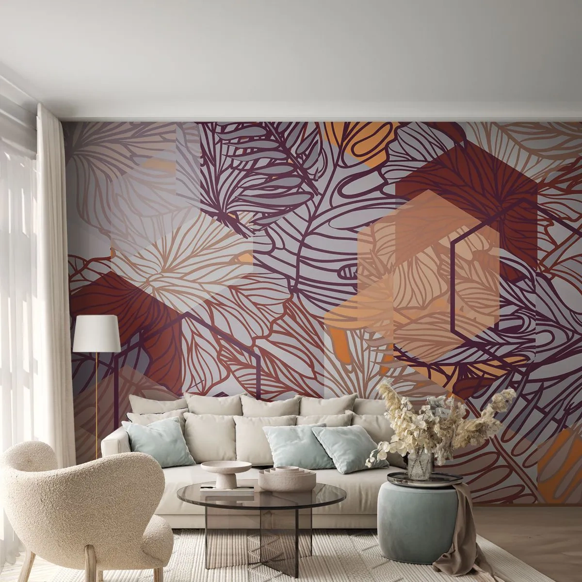 Fototapete Standard Eco - Unmögliche Beziehung zwischen Geometrie und Natur - Abstraktion, Grafik, Blätter - 300x210 cm