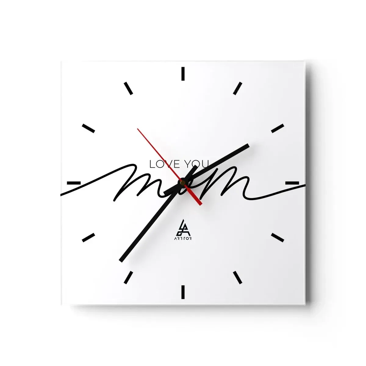 Wanduhr - Glasuhr - Minimalistische Love You Mom-Inschrift auf weißem Hintergrund - 30x30cm - Große Emotionen - Moderne Wanddekoration für Wohnzimmer und Schlafzimmer ARTTOR