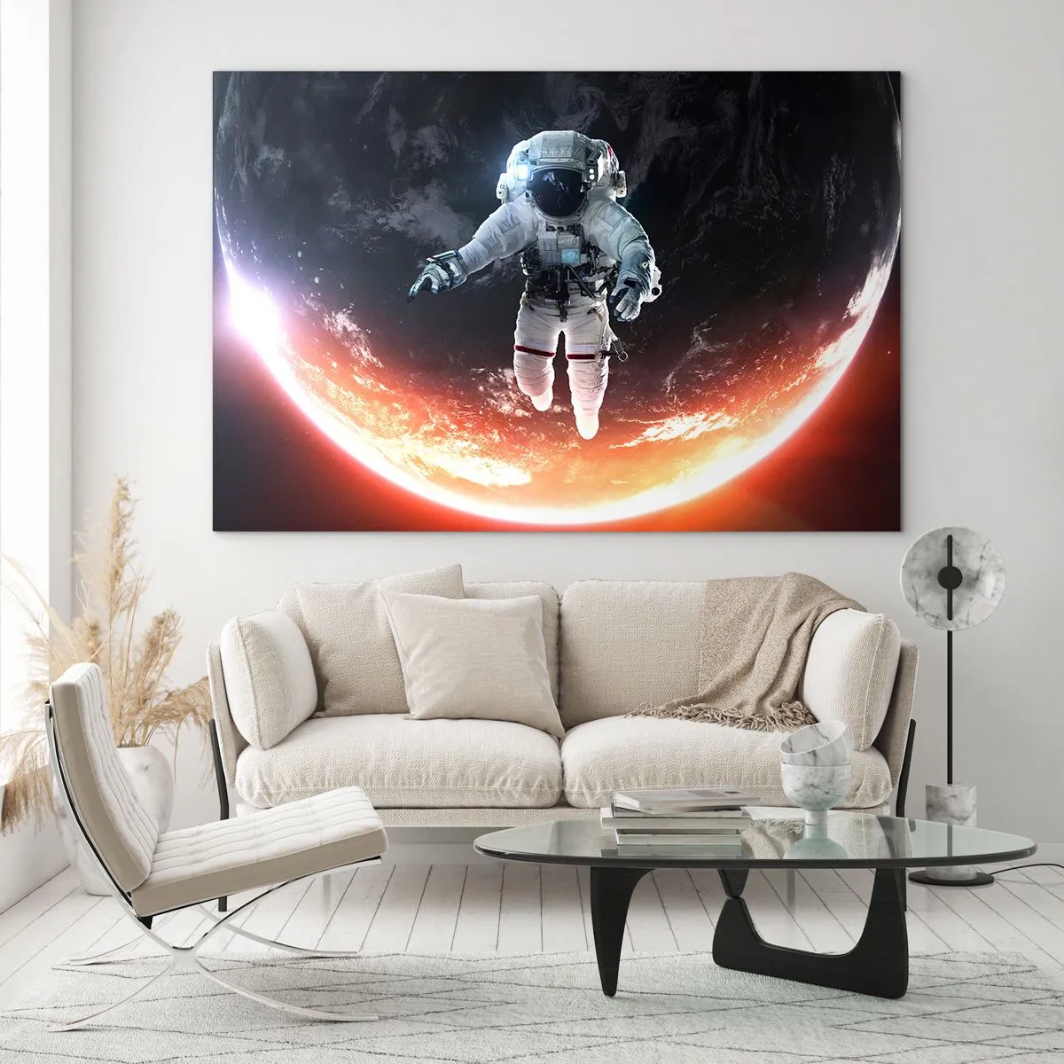 Glasbild - Bild auf glas - Astronaut im Weltraum mit einem Planeten im Hintergrund - 100x70cm - Kann ich noch eine Weile bleiben? - Moderne Wanddekoration für Wohnzimmer und Schlafzimmer ARTTOR